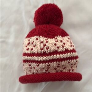 New Cozy Hand Knit Red and Cream Knit Pom-Pom Hat for Kids